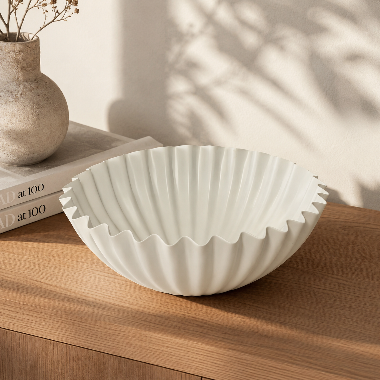 White Ribbed Bowl | Aluminum | Modern Sculptural Accent