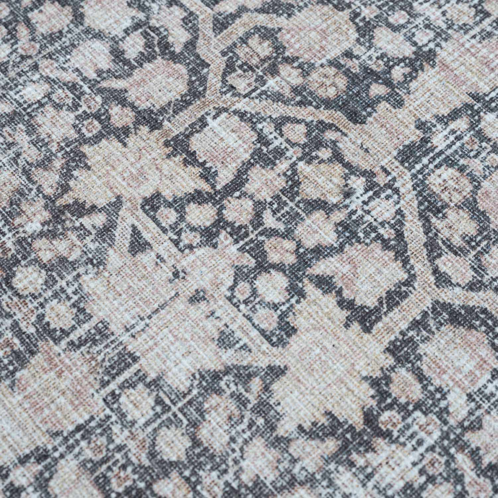 Close-up of a patterned rug with geometric design