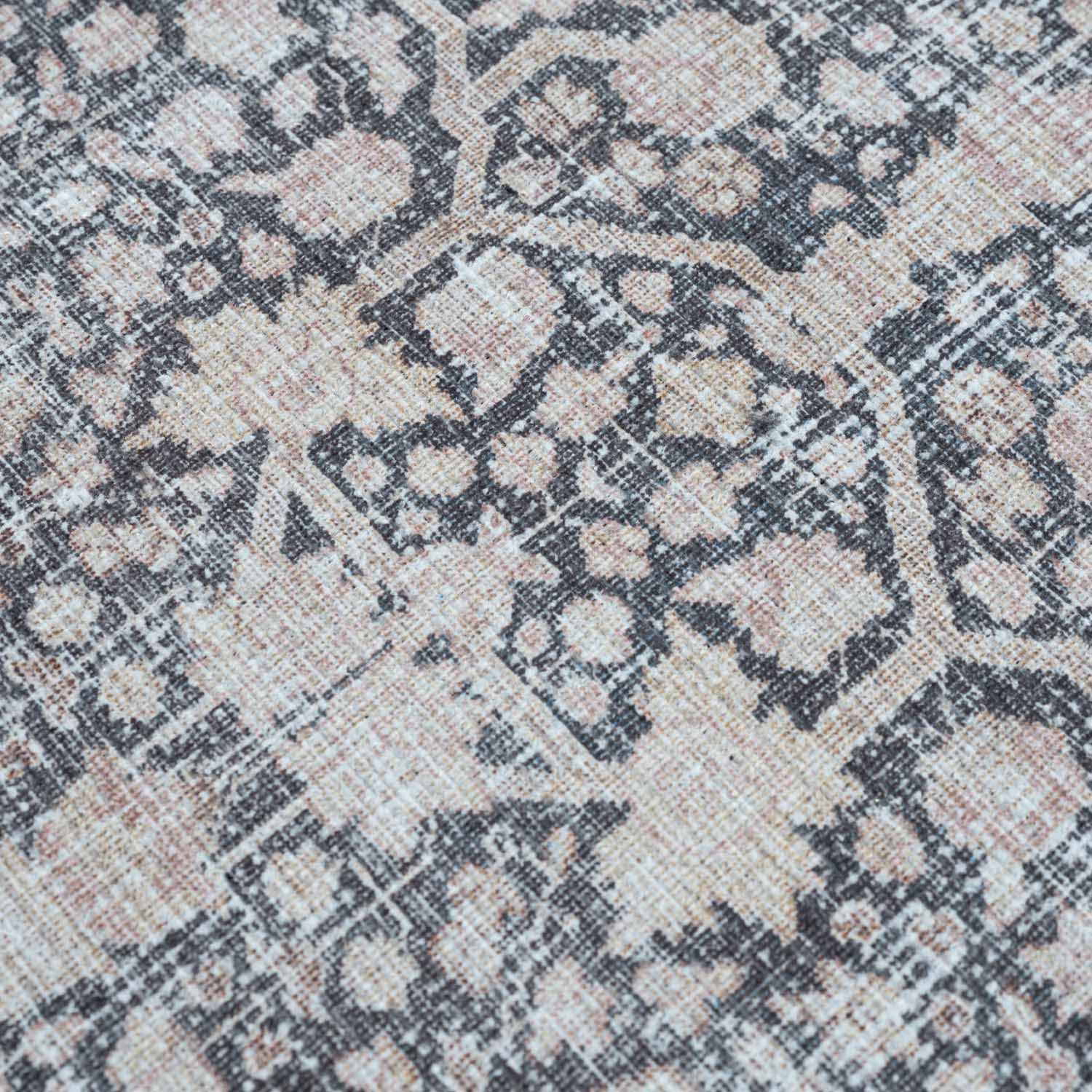 Close-up of a patterned rug with geometric design
