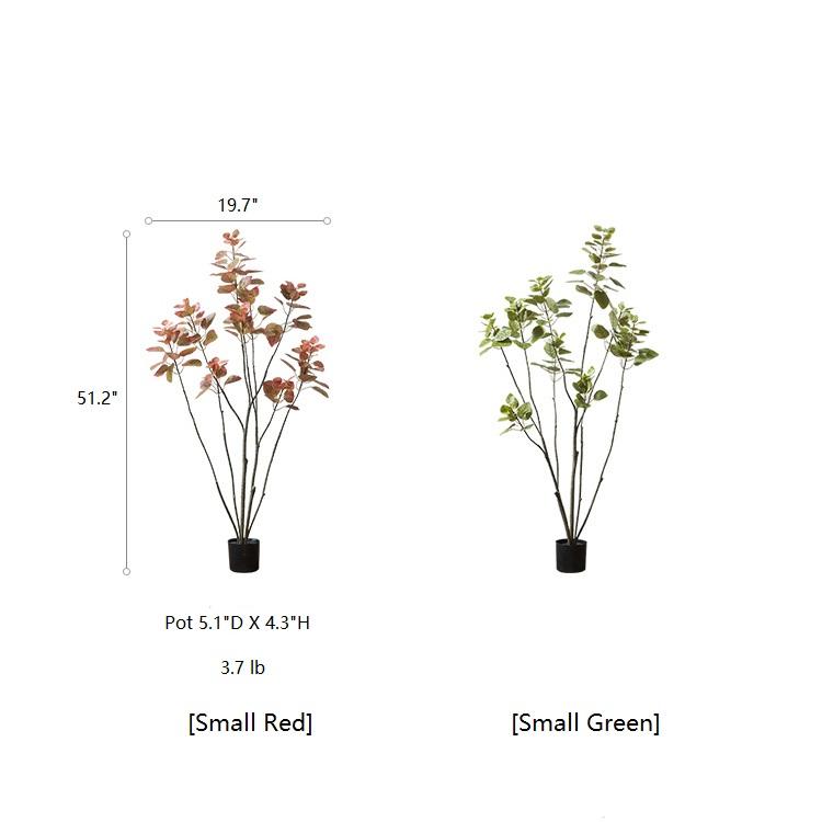 Two artificial plants, one red and one green, with measurements on a white background.