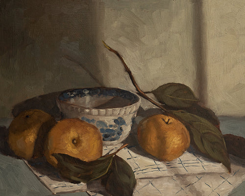 Still life painting with fruits and a bowl on a textured surface