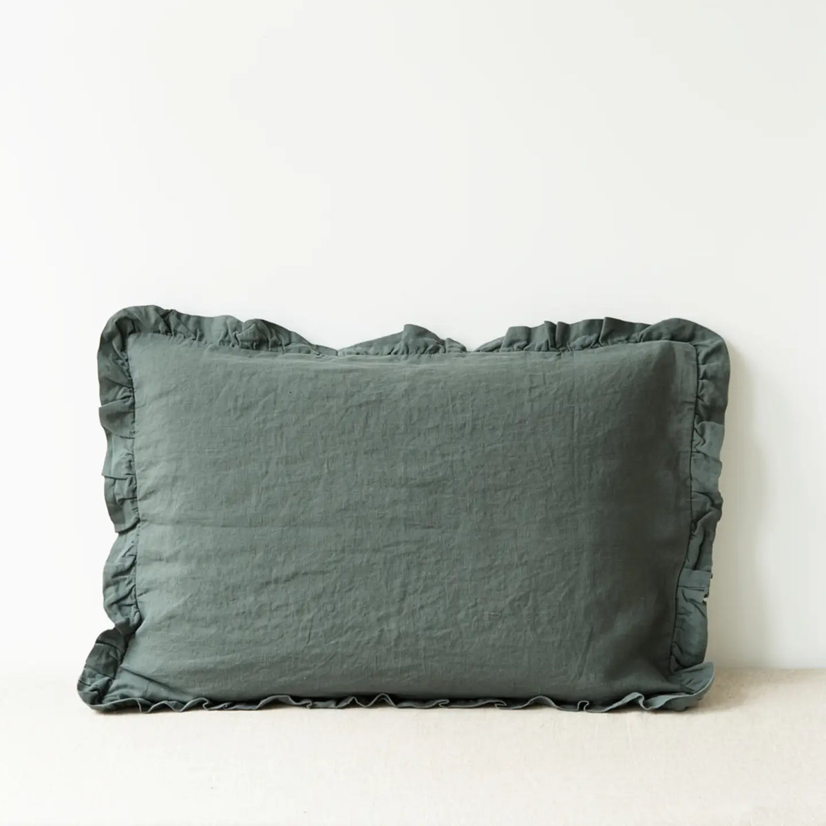 Forest Green Linen Pillowcases with Frills | Set of 2