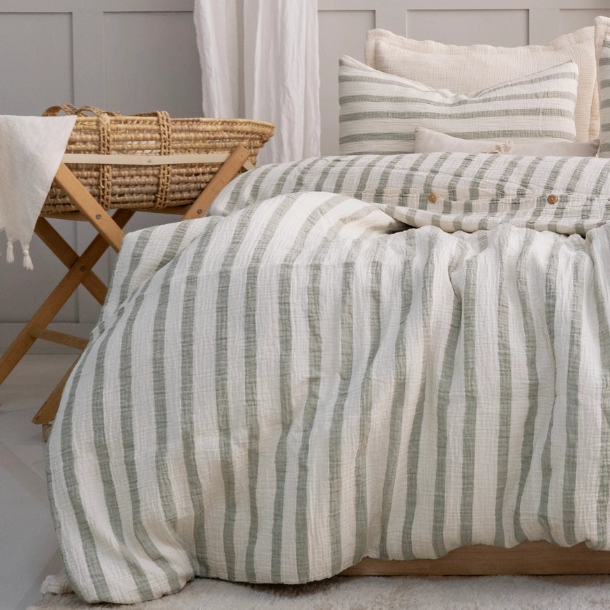 Organic Muslin Duvet Cover Set – Sage Green Stripe, GOTS Certified Cotton Bedding