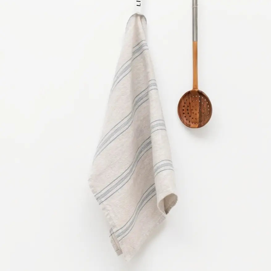 Grey-Blue Wide Striped Linen Kitchen Towel | Set of 4