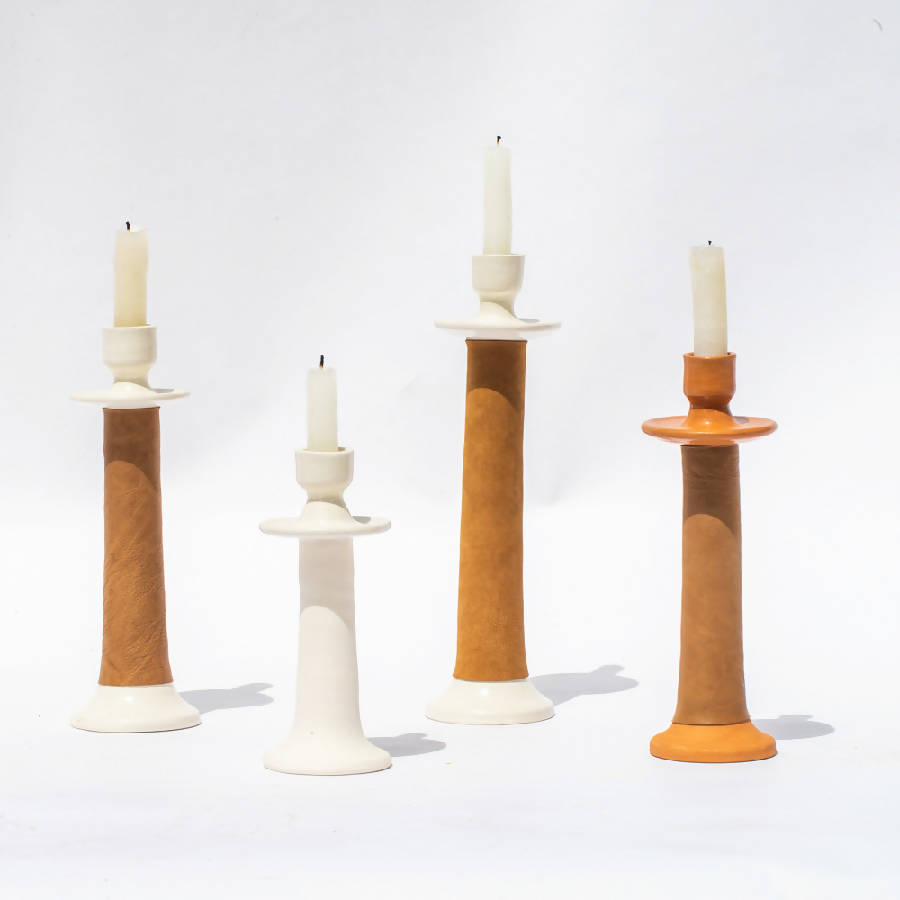 Handmade Moroccan Leather-Wrapped Ceramic Candle Holders