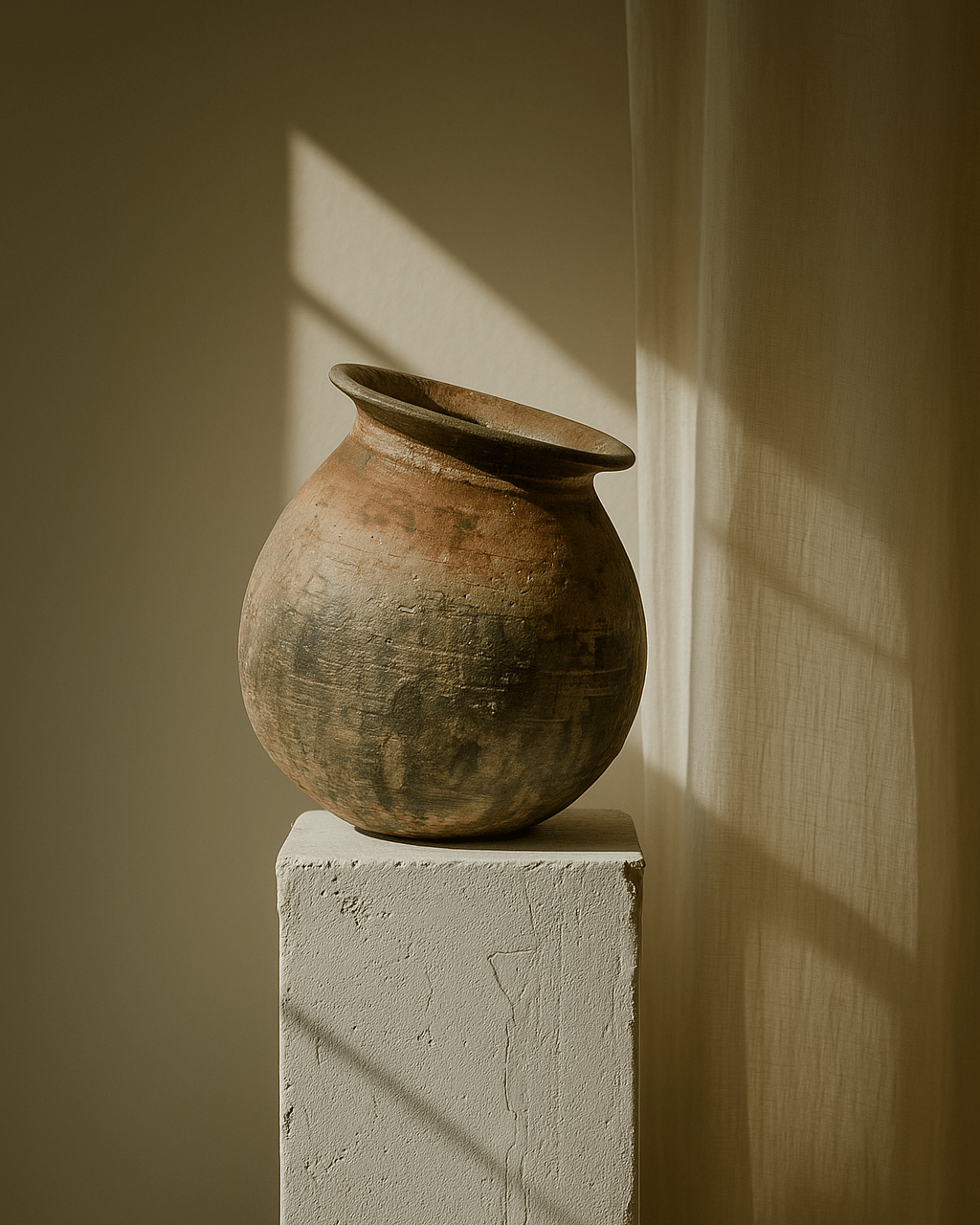 Vintage terracotta pot on a white pedestal against a beige wall with soft shadows.