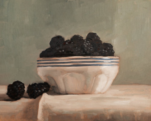 Blackberries in a striped bowl fine art print featuring ripe blackberries gathered in a cream ceramic bowl with blue stripes. Soft neutral tones, painterly brushstrokes, and classic still life composition create timeless wall art for kitchens, dining rooms, and European-inspired interiors.