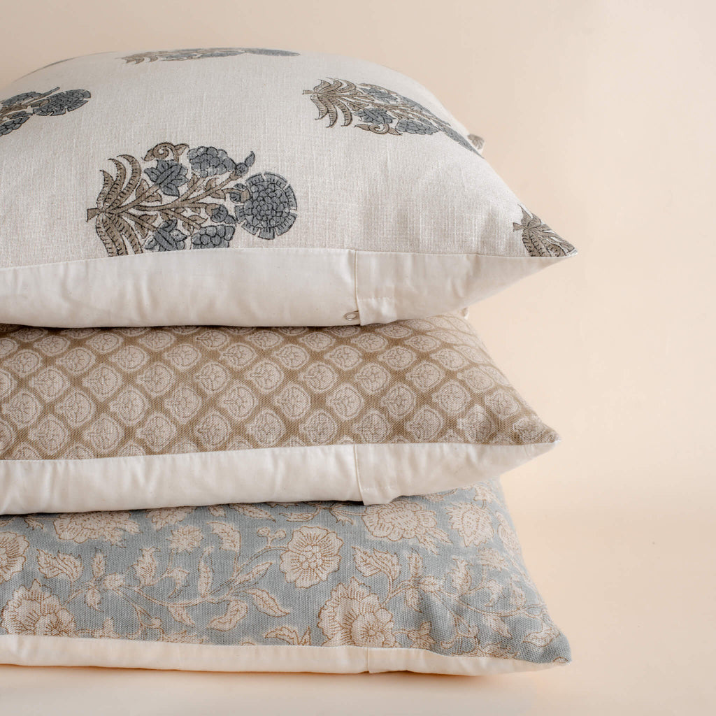 Cotton Block Print Pillow Cover | Blue & Green Floral