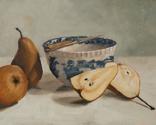 Bosc pears and transferware bowl fine art print featuring golden pears arranged beside a blue and white patterned bowl. Soft natural light, warm earth tones, and painterly brushstrokes create timeless still life wall art for kitchens, dining rooms, and European-inspired interiors.