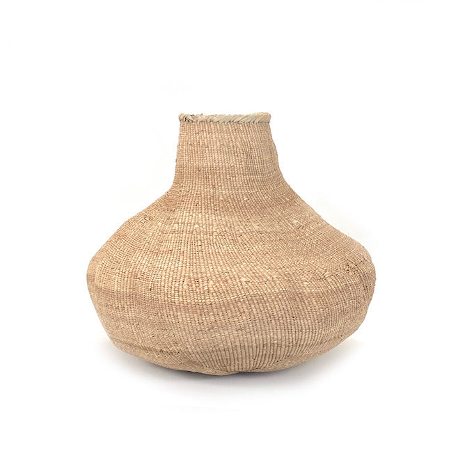 Woven beige vase on a white background