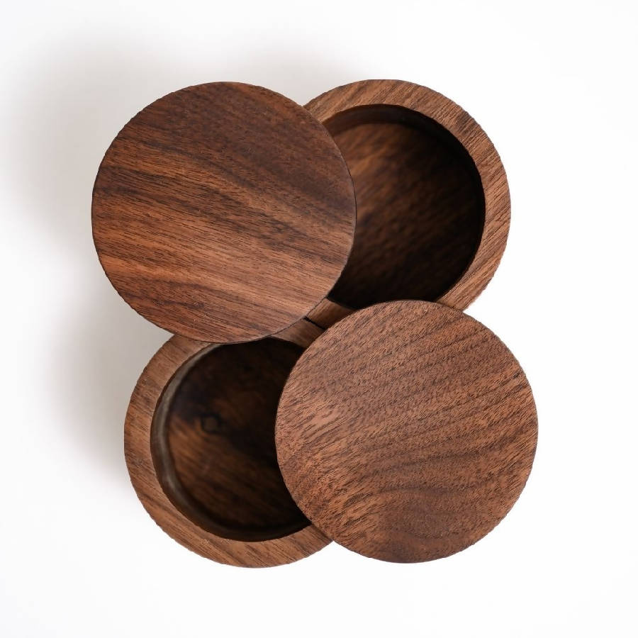 Handcrafted solid walnut wood spice jar with matching lid, artisan-made for storing sea salt, spices, herbs, sugar, or seasonings in a modern organic kitchen.