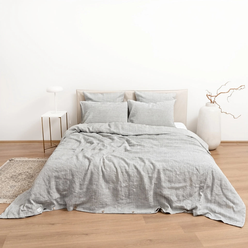 Black Pinstriped Linen Duvet Cover Set