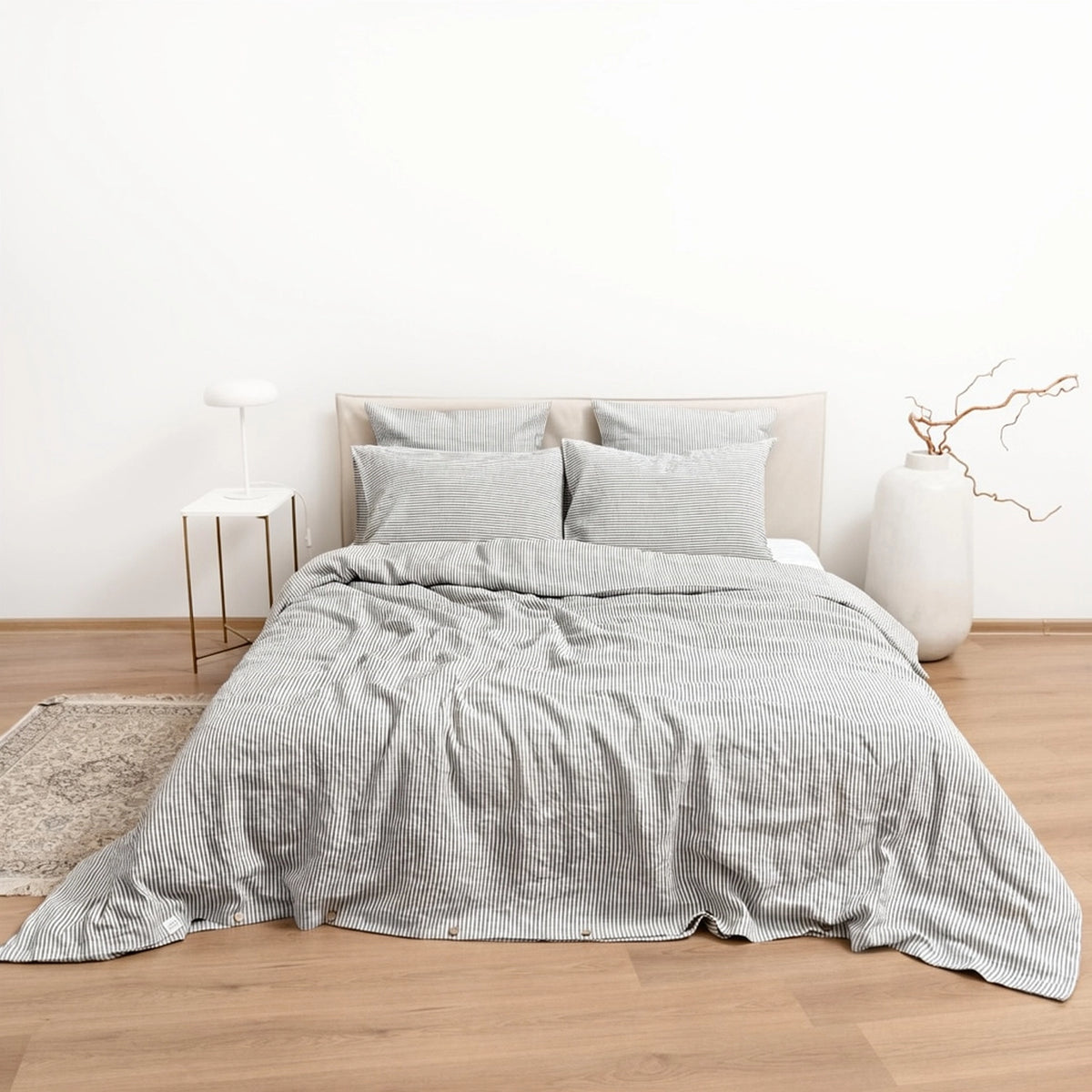 Black Pinstriped Linen Duvet Cover Set