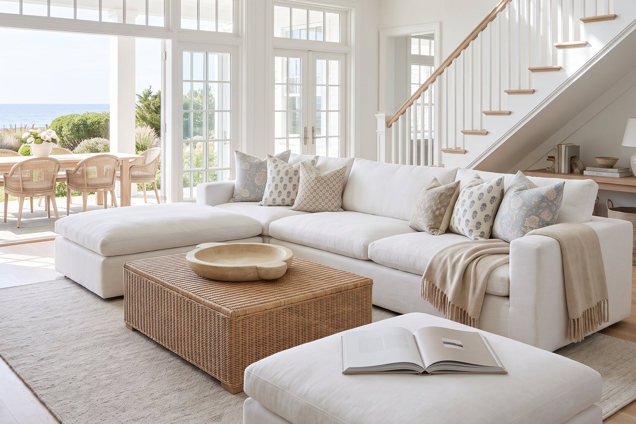 A bright, modern living room featuring a white sectional sofa with neutral patterned pillows, a woven rattan coffee table, and a large white ottoman in a sunlit interior with a staircase and ocean view.