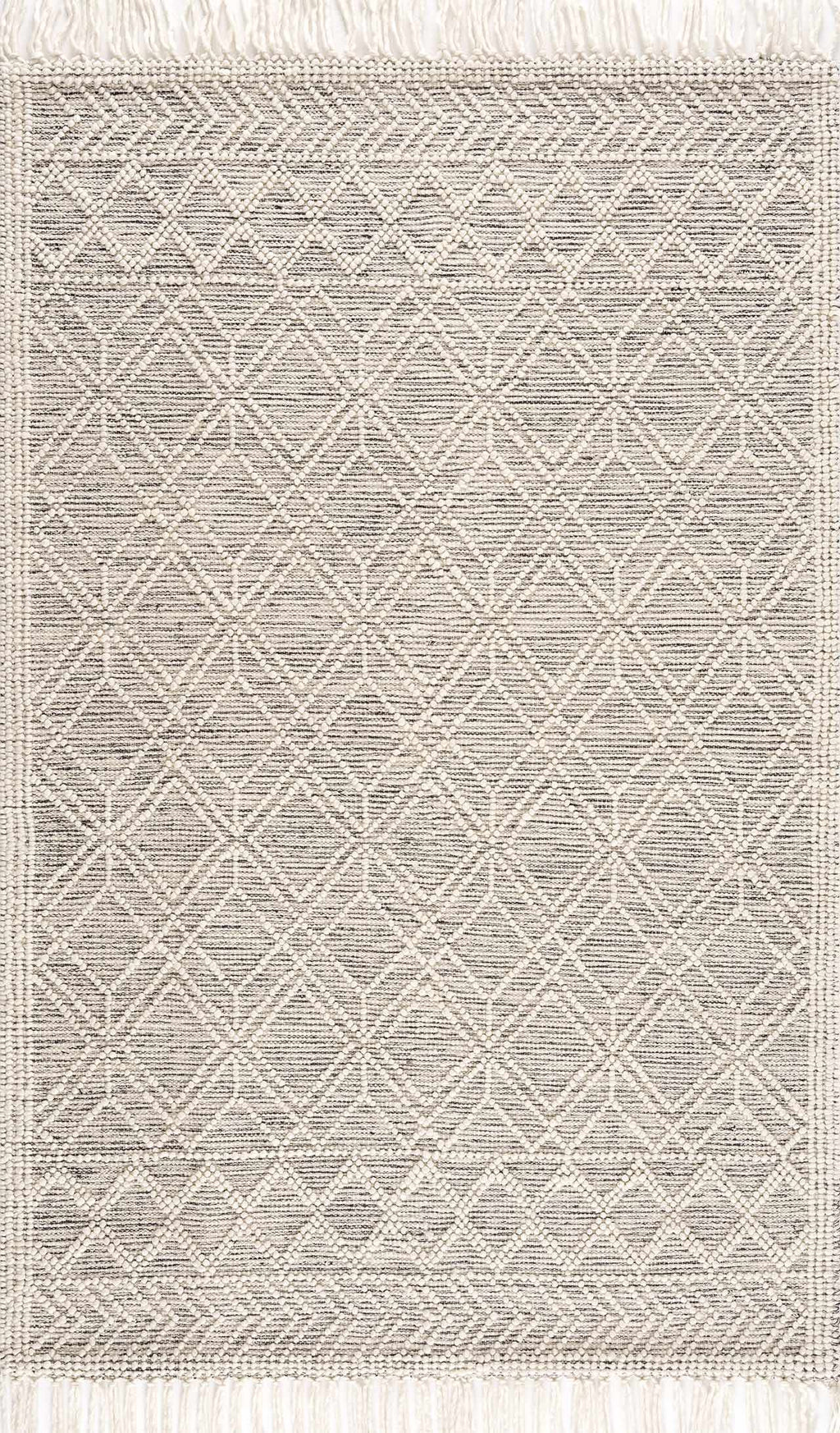 Gray and white geometric patterned rug with fringe on a white background