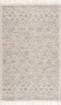 Gray and white geometric patterned rug with fringe on a white background