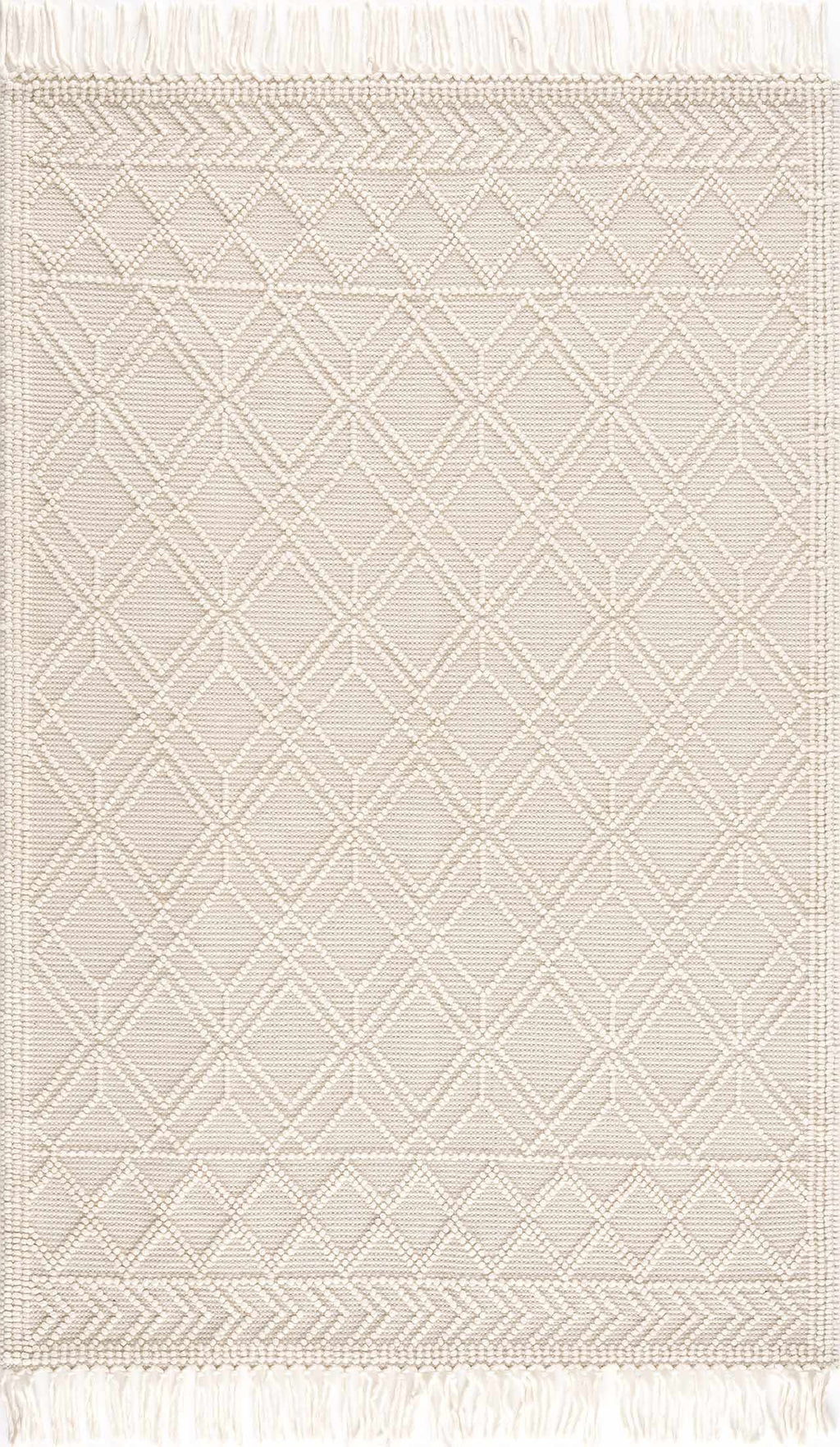 Beige rug with geometric pattern and tassels on a white background