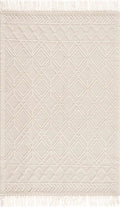 Beige rug with geometric pattern and tassels on a white background