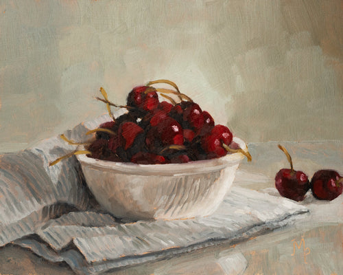 Cherries and striped towel fine art print featuring a bowl filled with ripe red cherries resting on a soft striped linen cloth. Rich painterly brushstrokes, warm natural light, and classic still life composition create timeless wall art for kitchens, dining rooms, and European-inspired interiors.