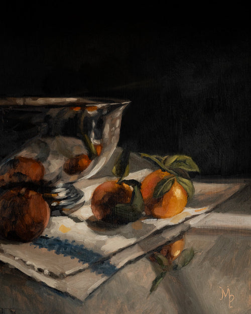 Still life painting of fruits on a table with a dark background