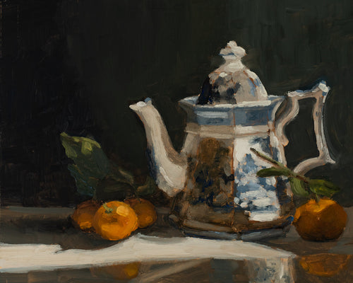 Clementines and teapot fine art print featuring ripe orange clementines gathered around an antique silver teapot against a dark background. Rich painterly brushstrokes, dramatic light and shadow, and warm tones create timeless still life wall art for kitchens, dining rooms, and European-inspired interiors.