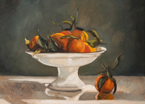 Clementines in a compote fine art print featuring vibrant orange clementines arranged in a classic white pedestal bowl. Rich painterly brushstrokes, warm citrus tones, and a moody background create timeless still life wall art for kitchens, dining rooms, and European-inspired interiors.