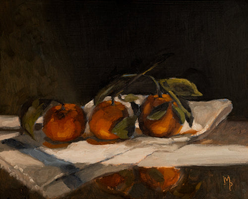 Still life painting of three oranges on a dark background