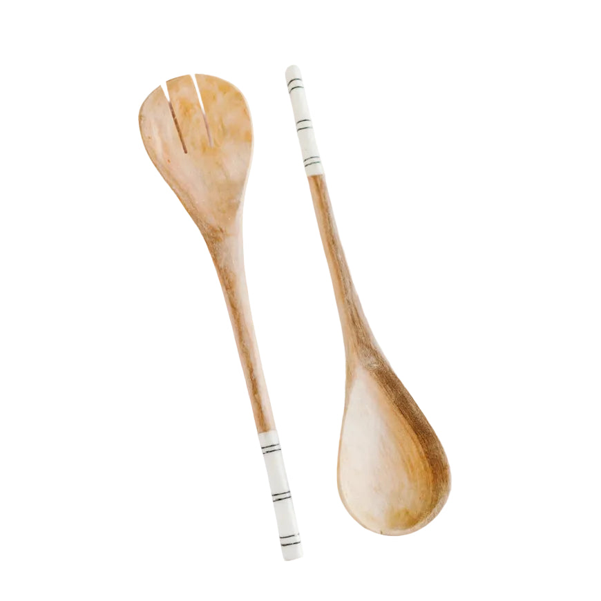 Olive Wood & Batik Bone Striped Salad Servers (Set of 2) – Hand-Carved Artisan Serving Utensils