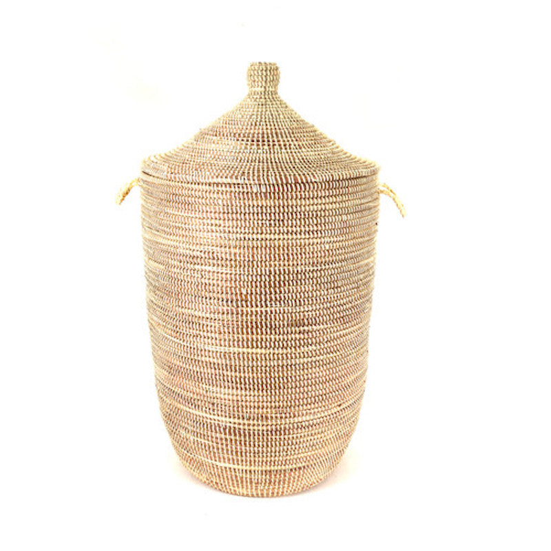 Woven basket with a lid on a white background