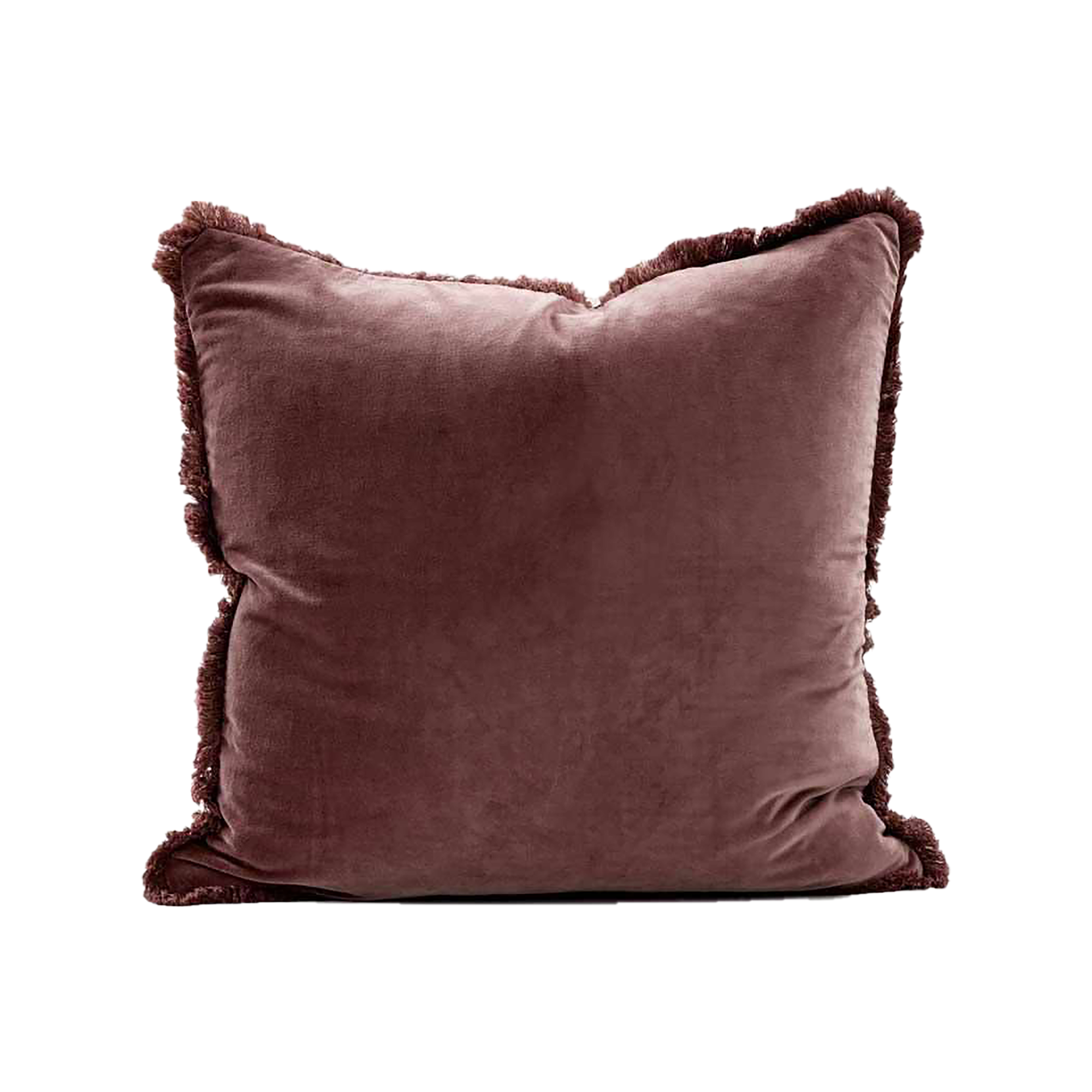 Brown velvet pillow with frayed edges on a white background