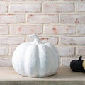 White textured pumpkin on a wooden surface with a white brick wall background