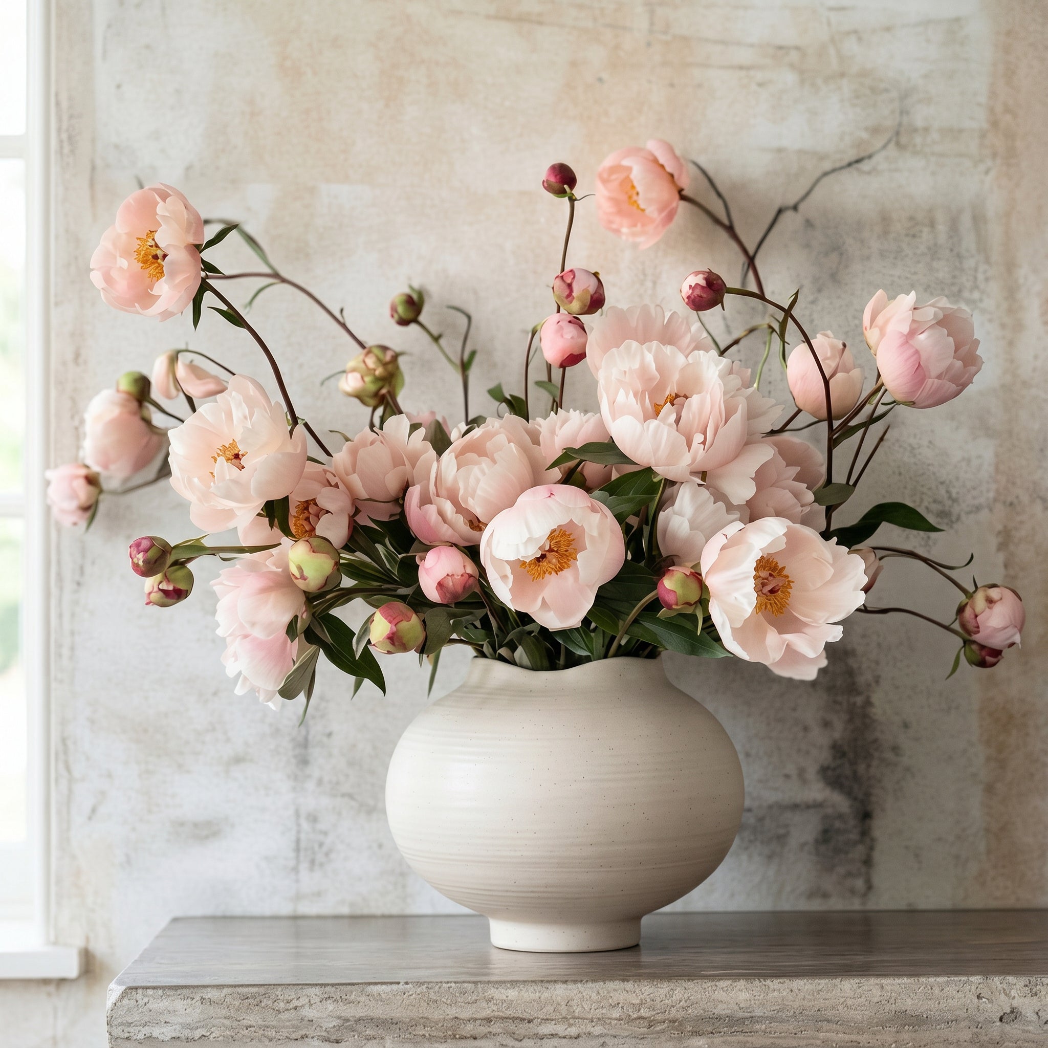 Pink floral arrangement in a white vase on a marble surface with a neutral background