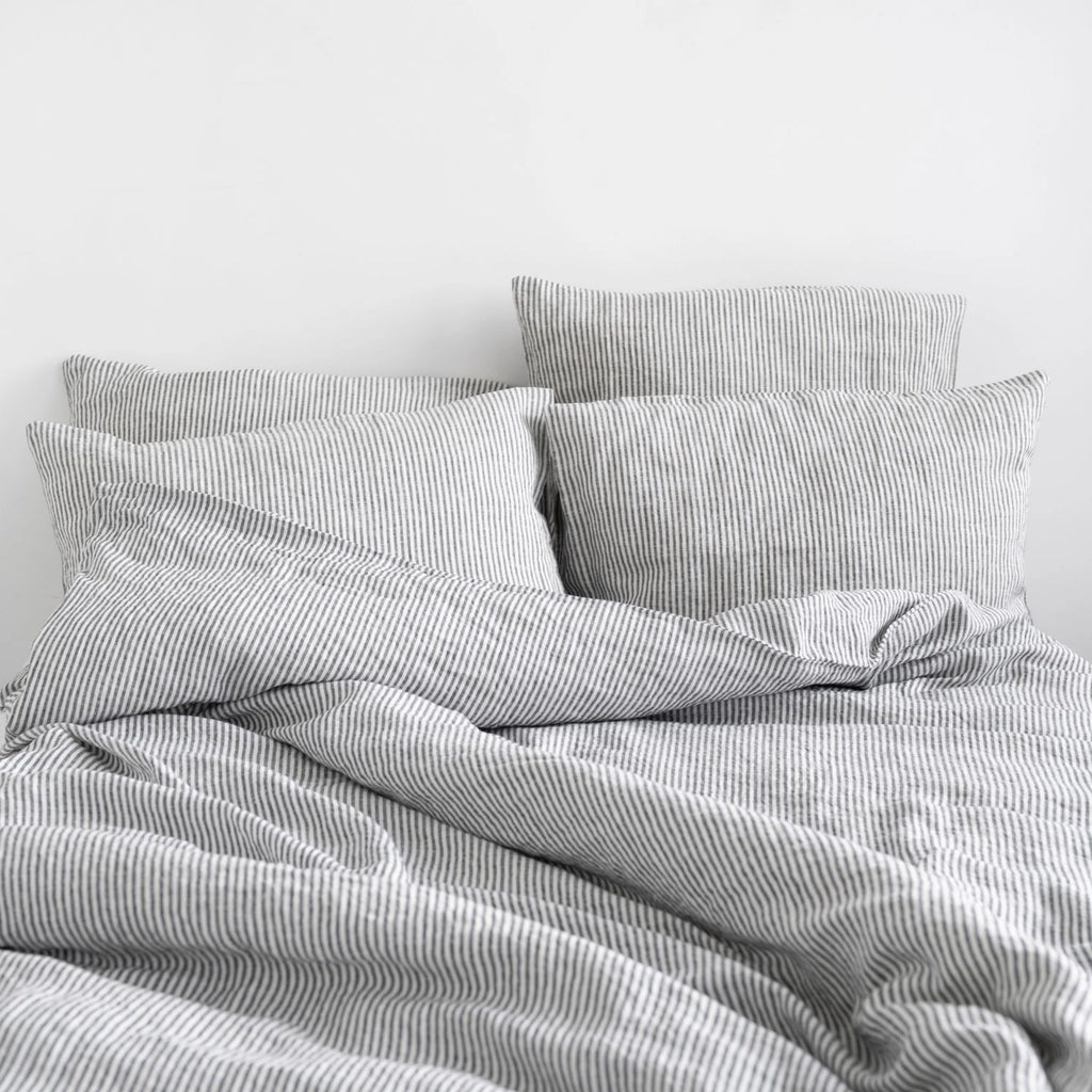 Black Pinstriped Linen Duvet Cover Set