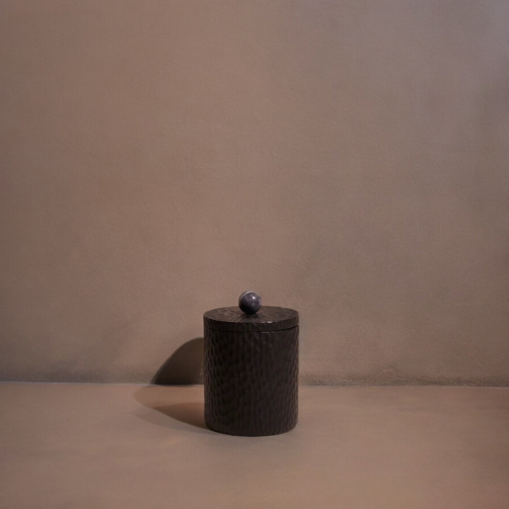 Black Carved Acacia Wood Canister with Marble Knob – Handcrafted Small Storage Container | Sorelle Rossi