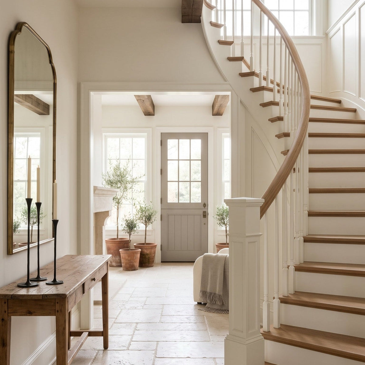 A bright, elegant interior hallway with a sweeping wooden staircase on the right, a stone tile floor, a wooden console table with a large mirror, and a light gray front door in the background.