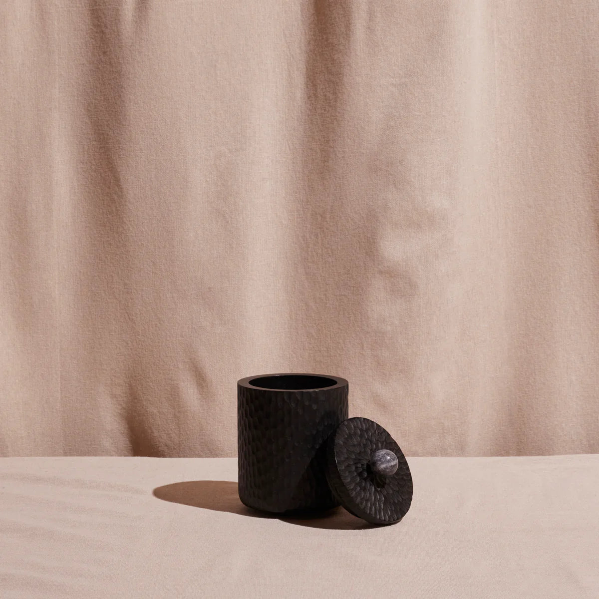 Black Carved Acacia Wood Canister with Marble Knob – Handcrafted Small Storage Container | Sorelle Rossi