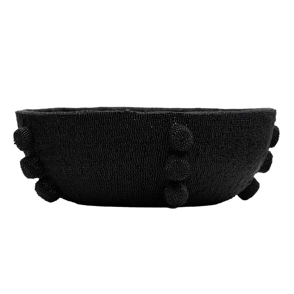 Black headband with pom-pom details on a white background