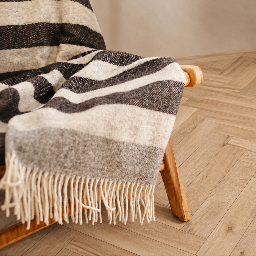 Striped Wool Throw Blanket with Fringe | New Zealand Wool Oversized Throw