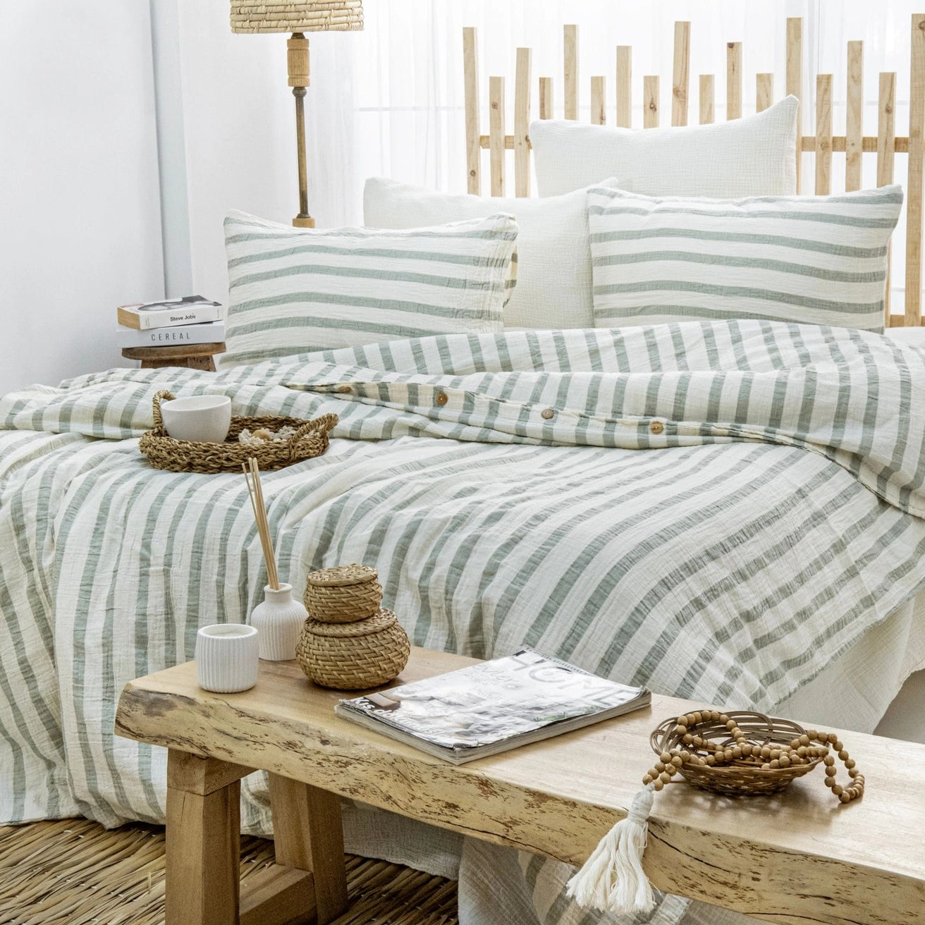 Organic Muslin Duvet Cover Set – Sage Green Stripe, GOTS Certified Cotton Bedding