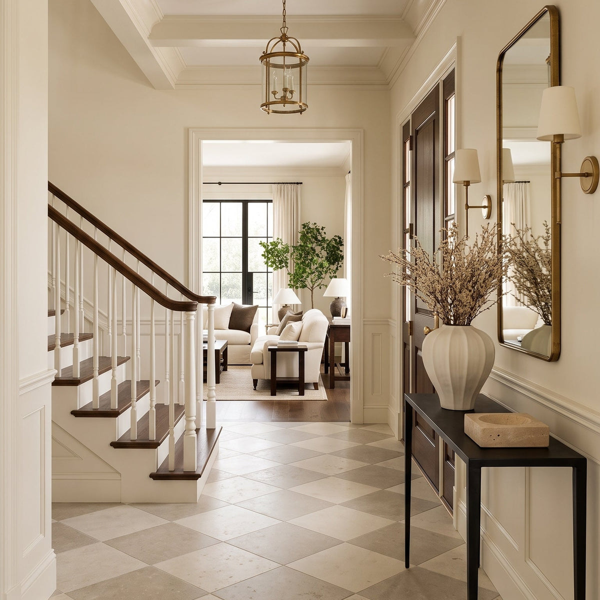 A long, elegant hallway with a checkered light beige and gray tile floor, a staircase on the left with a dark wood handrail, and a black console table on the right holding a white vase with dried branches and a mirror.
