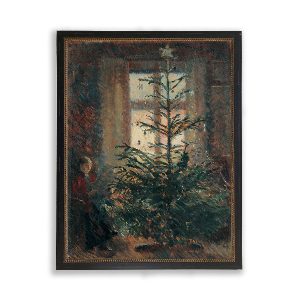 Framed Christmas Tree Scene Wall Art with Aged Gold Beading