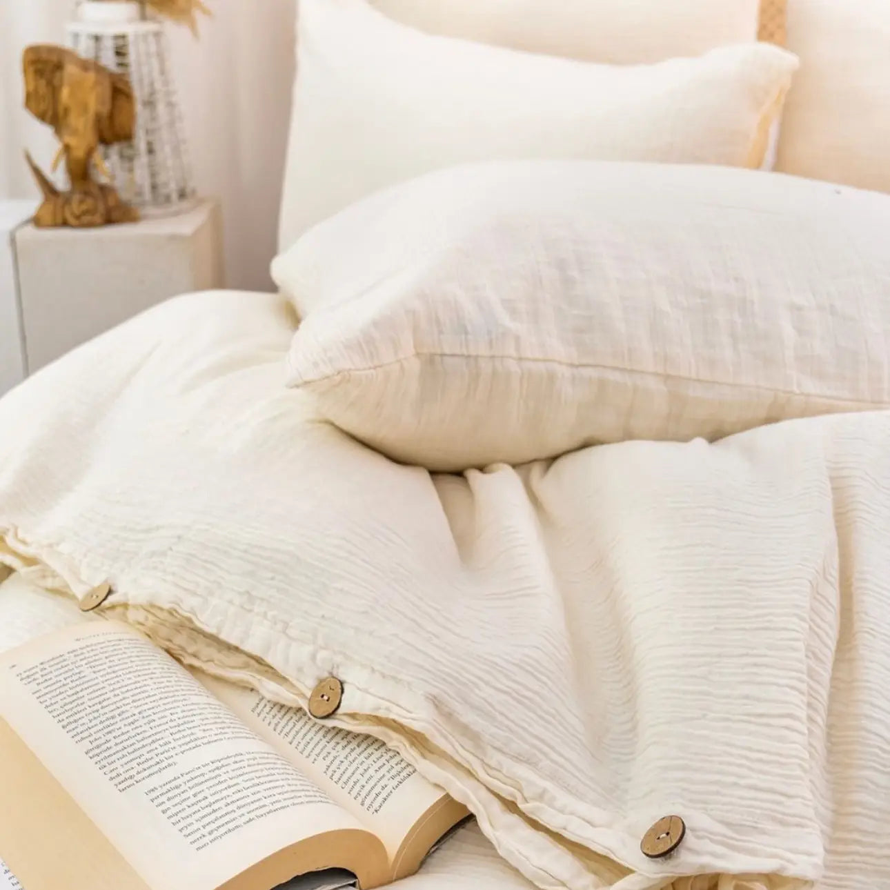 Organic Muslin Duvet Cover Set –Cream, GOTS Certified Cotton Bedding