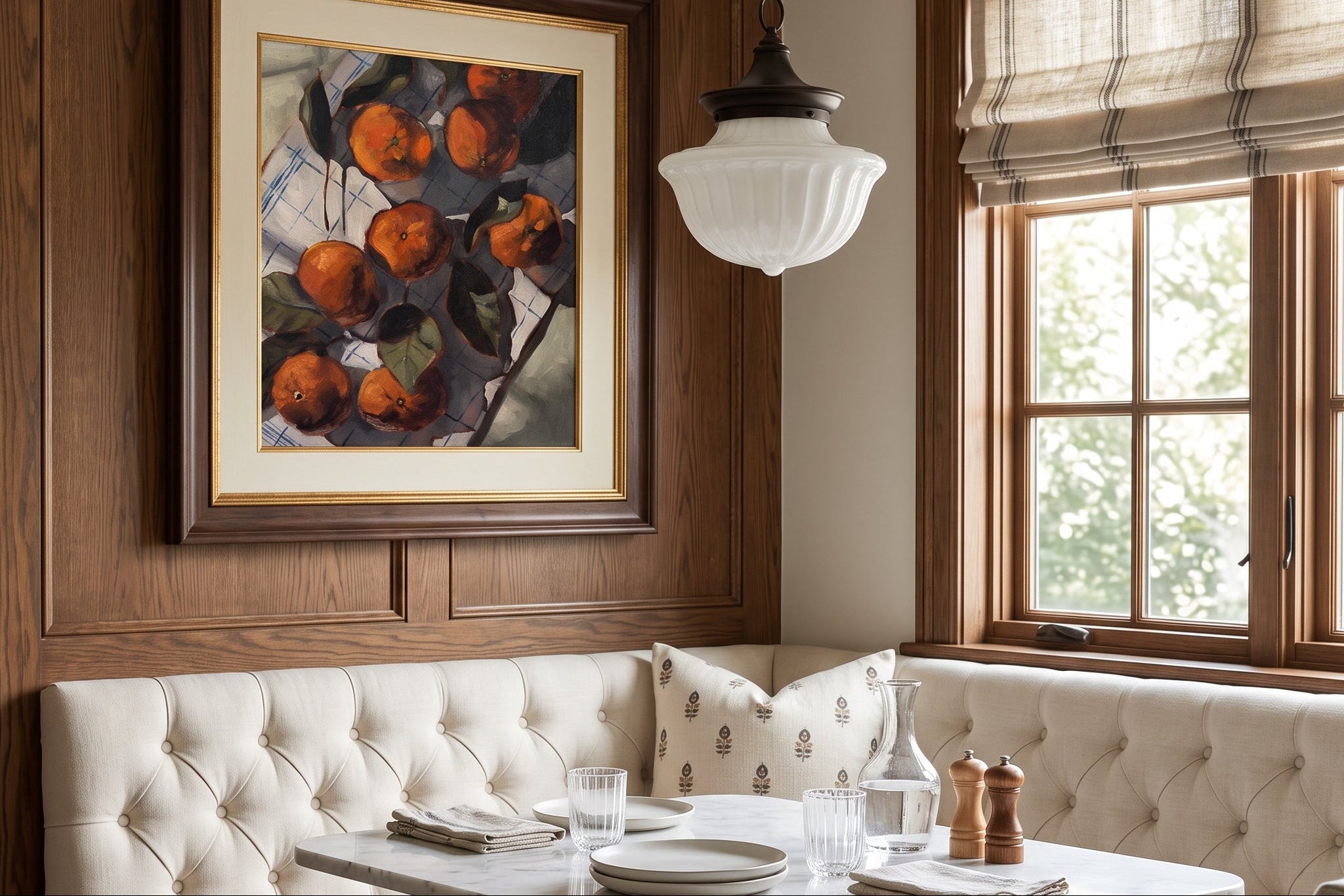 A framed fruit painting hangs on a wood-paneled wall above a cream tufted bannister booth at a small dining table in a rustic restaurant setting.