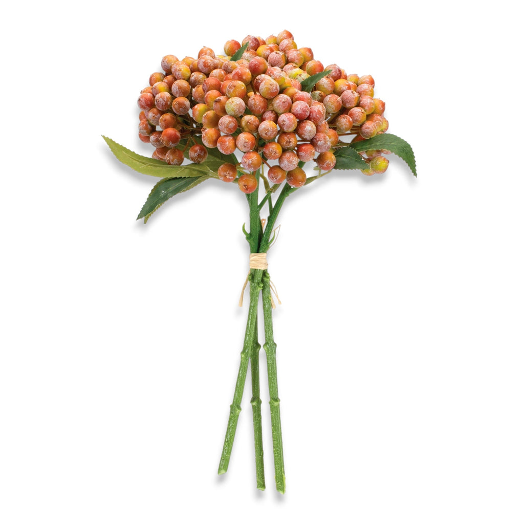 Bouquet of artificial berries with green stems on a white background