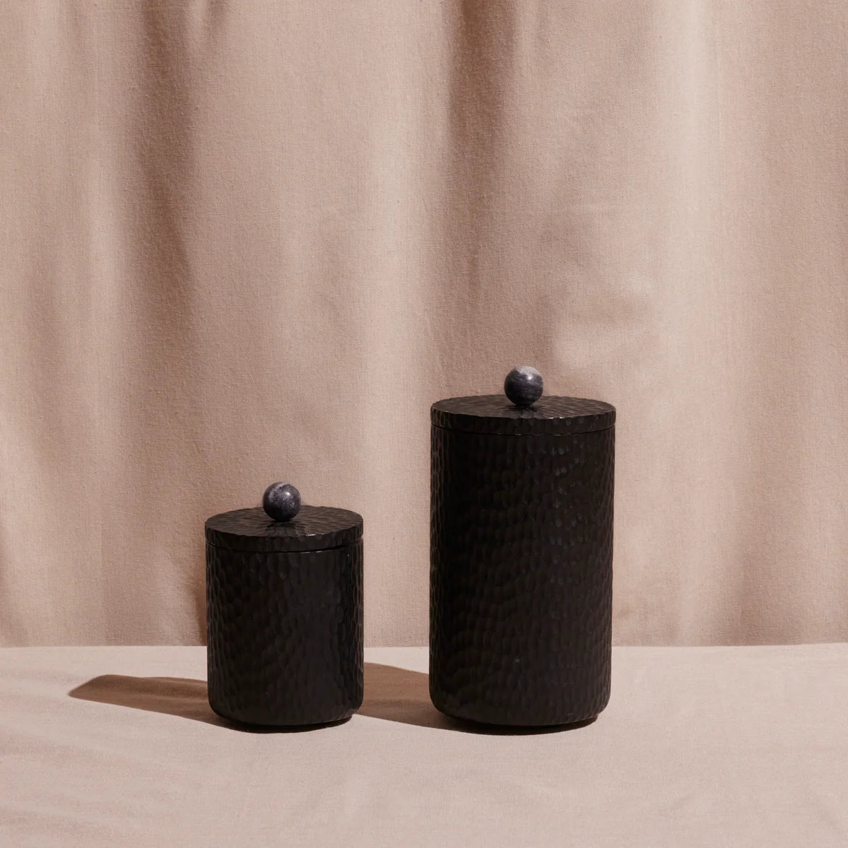 Black Carved Acacia Wood Canister with Marble Knob – Handcrafted Small Storage Container | Sorelle Rossi