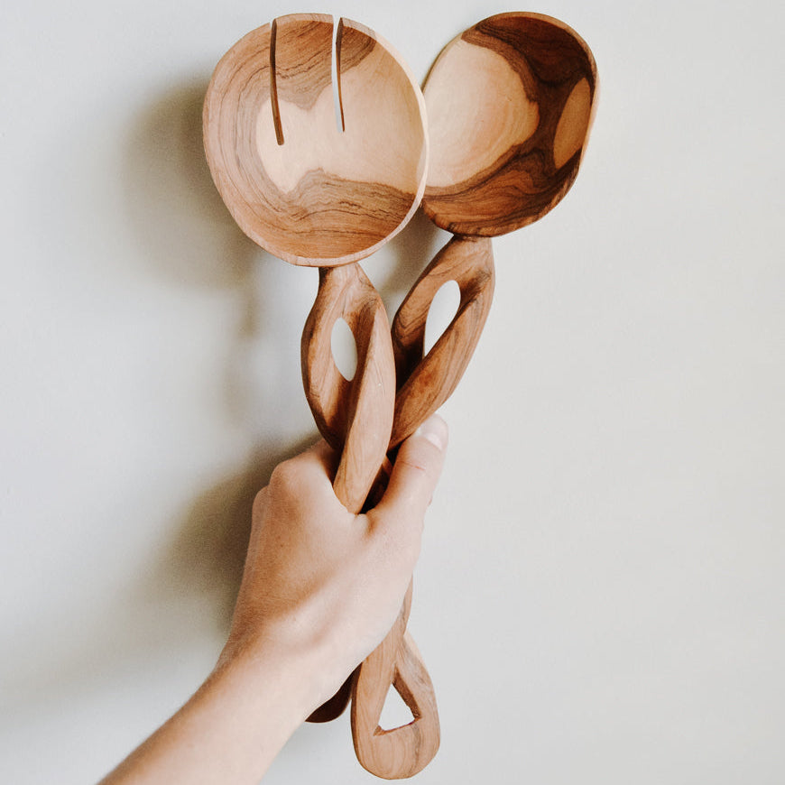 Hand-Carved Olive Wood Salad Servers (Set of 2) – Artisan Wooden Serving Utensils | Natural Kitchen & Tableware