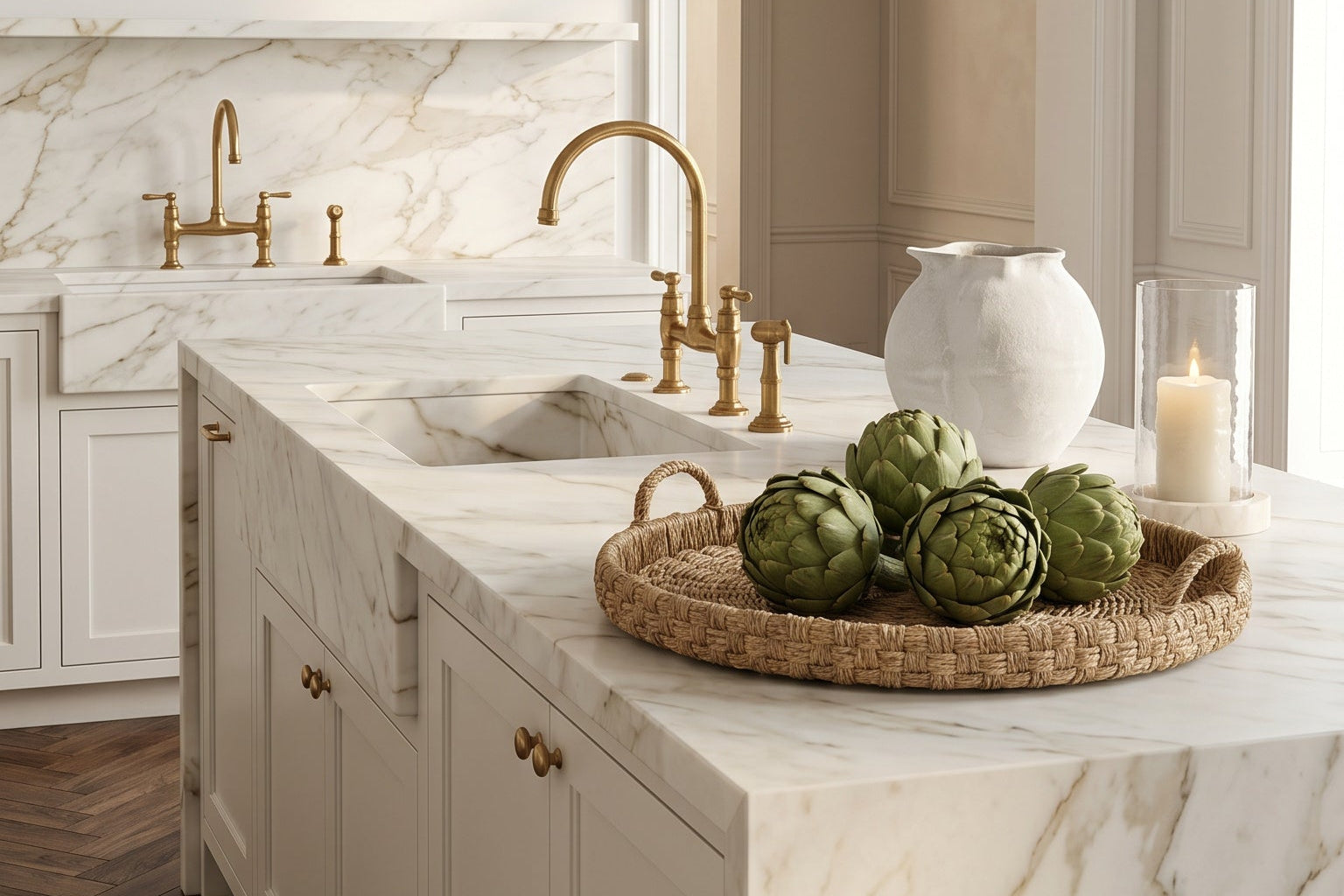 Modern kitchen with marble island, gold fixtures, and decorative elements.