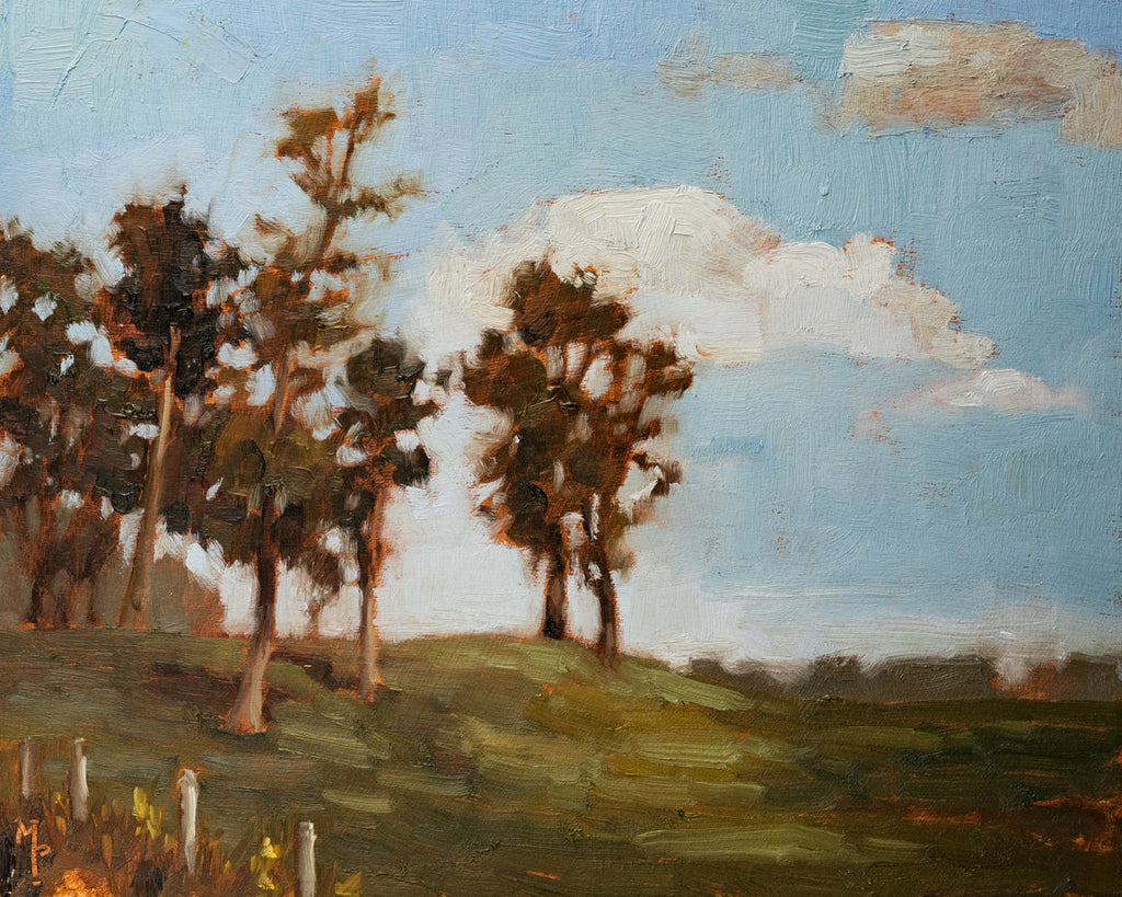Painting of trees and a sky with clouds