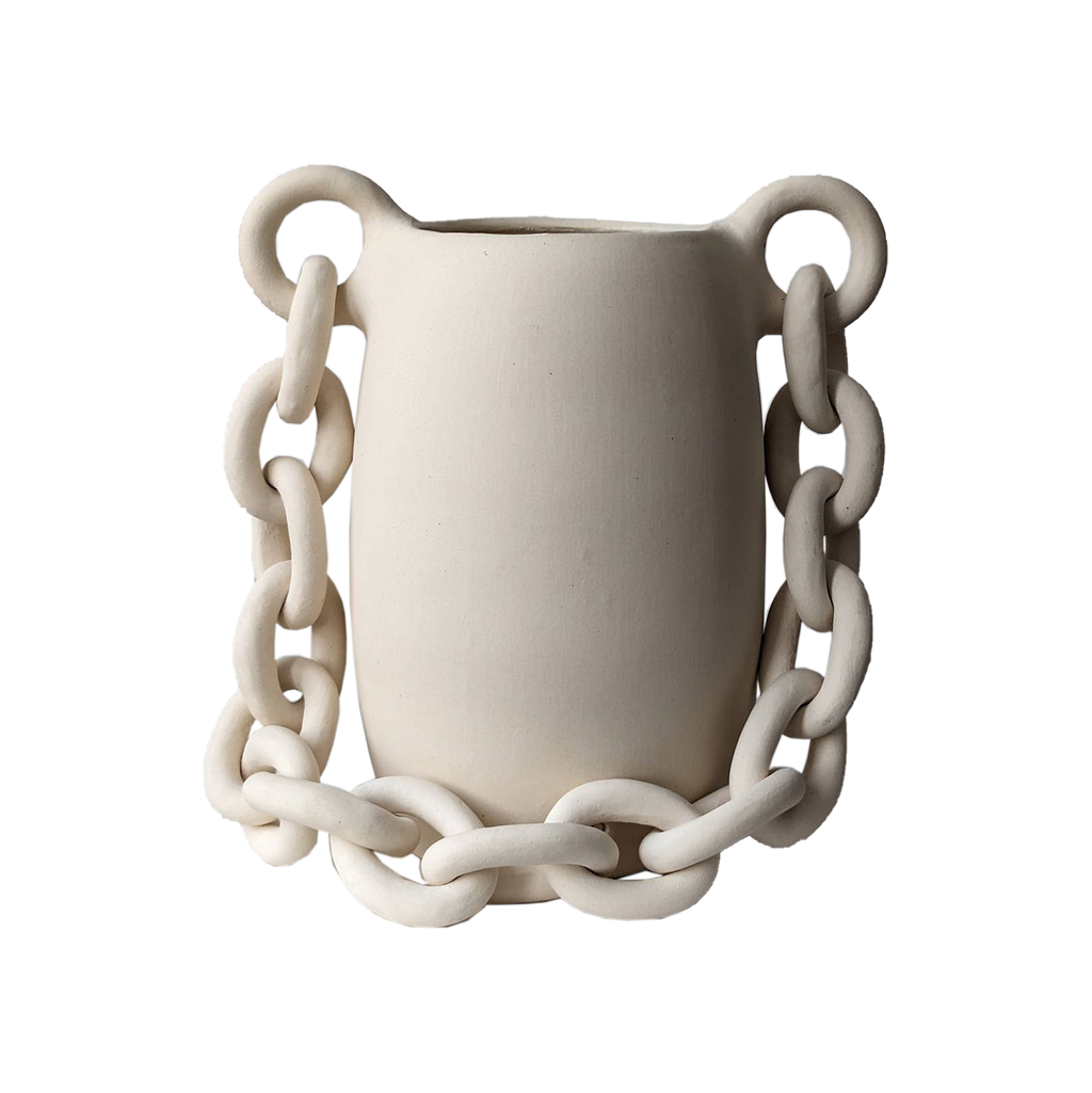 White ceramic vase with chain-like handles on a white background