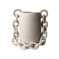 White ceramic vase with chain-like handles on a white background